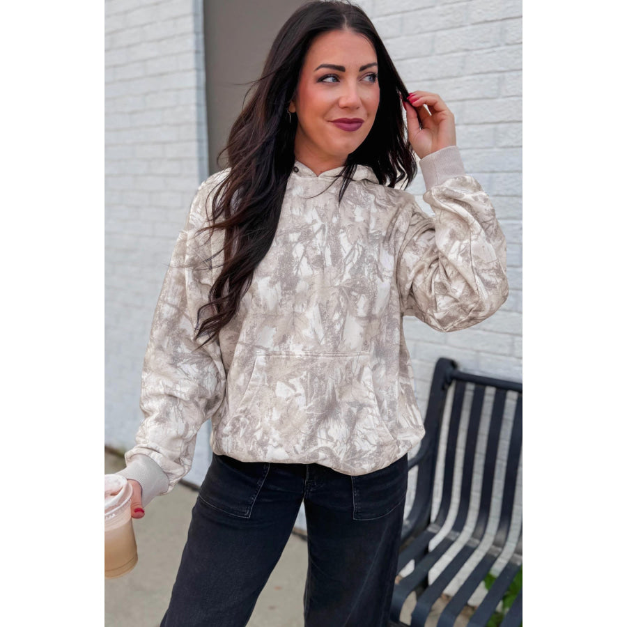 Gray Abstract Print Ribbed Cuffs Hem Long Sleeve Hoodie Tops/Sweatshirts & Hoodies