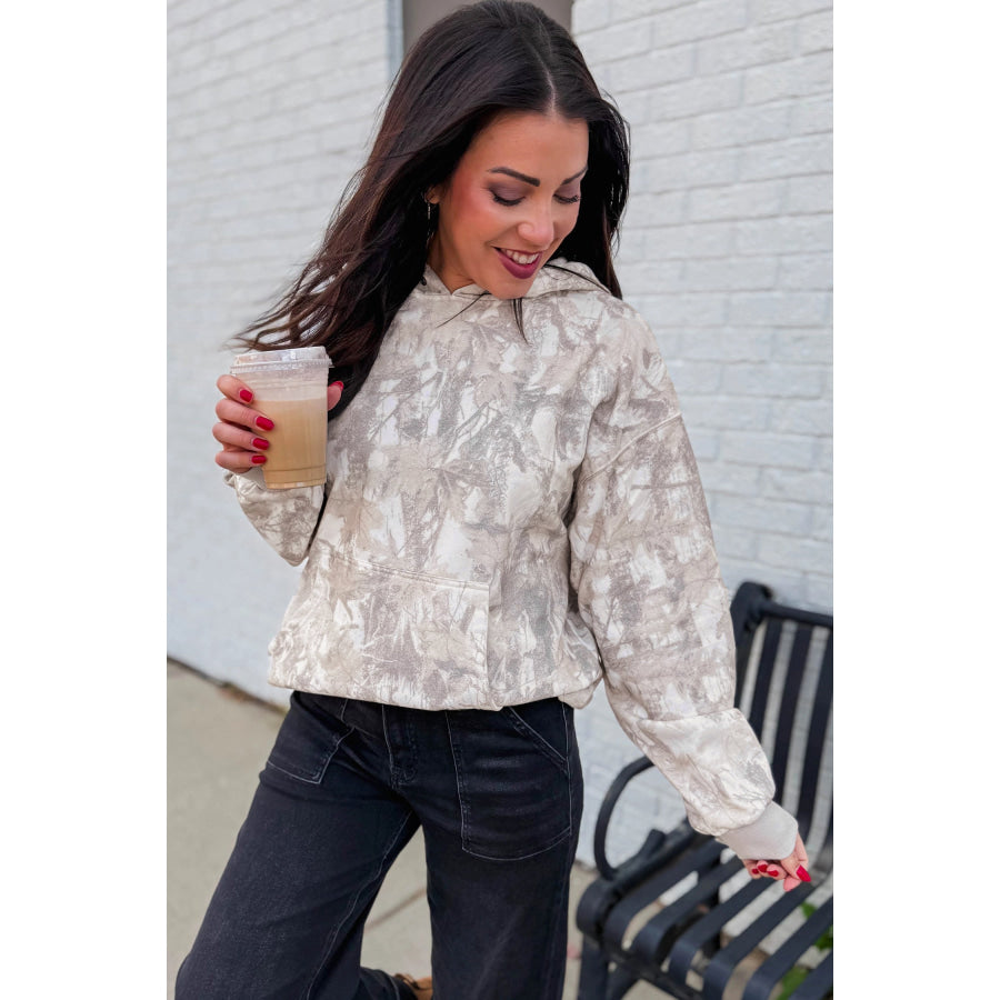 Gray Abstract Print Ribbed Cuffs Hem Long Sleeve Hoodie Tops/Sweatshirts & Hoodies