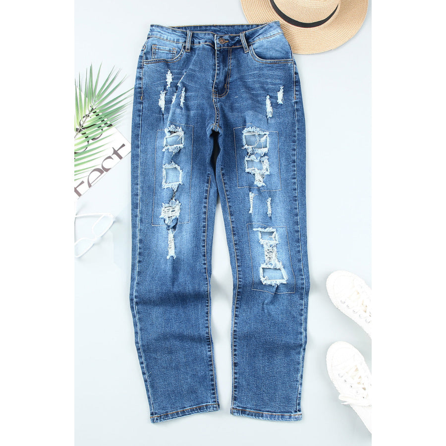 Gray Buttoned Pockets Distressed Jeans Bottoms/Jeans
