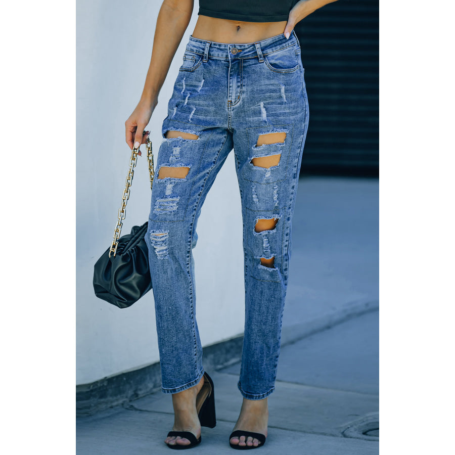 Gray Buttoned Pockets Distressed Jeans Bottoms/Jeans