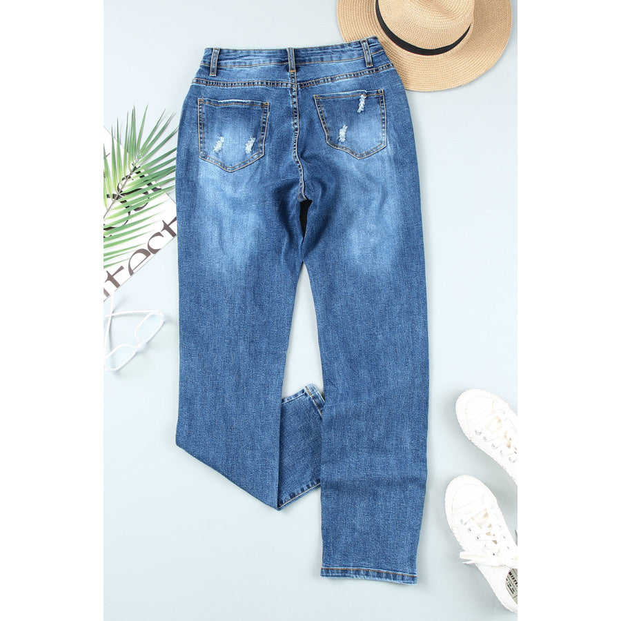 Gray Buttoned Pockets Distressed Jeans Bottoms/Jeans