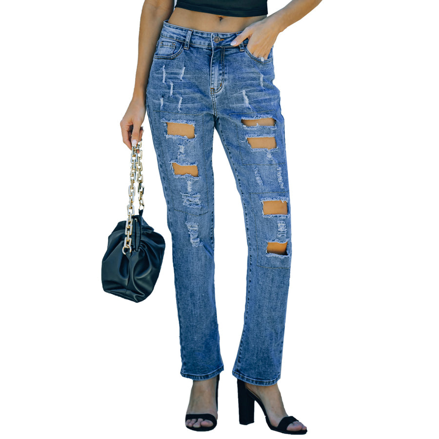 Gray Buttoned Pockets Distressed Jeans Bottoms/Jeans