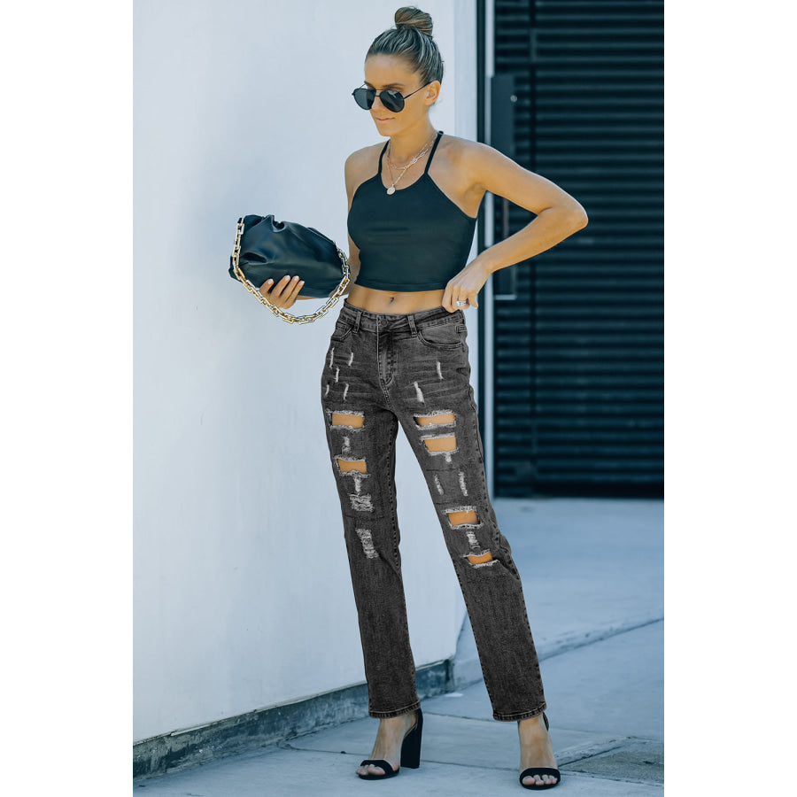 Gray Buttoned Pockets Distressed Jeans Bottoms/Jeans