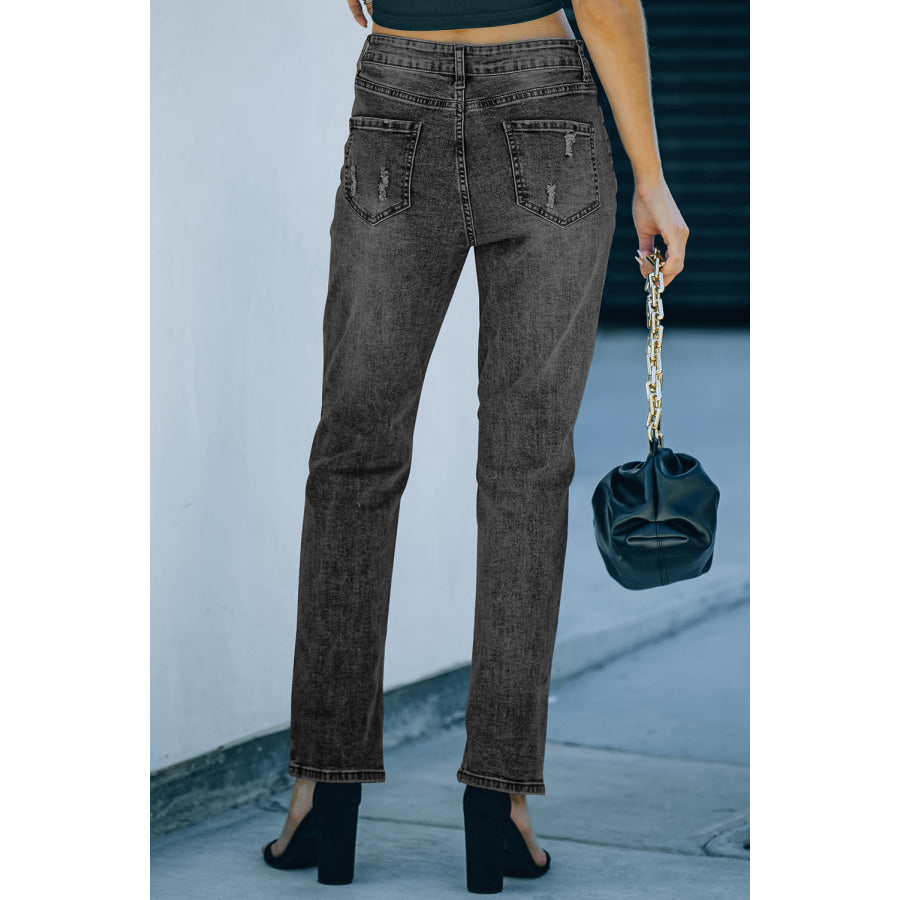 Gray Buttoned Pockets Distressed Jeans Bottoms/Jeans