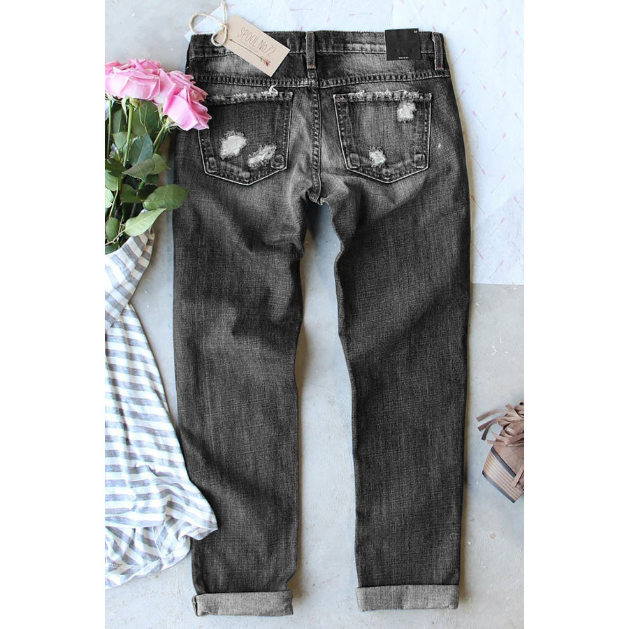 Gray Buttoned Pockets Distressed Jeans Bottoms/Jeans