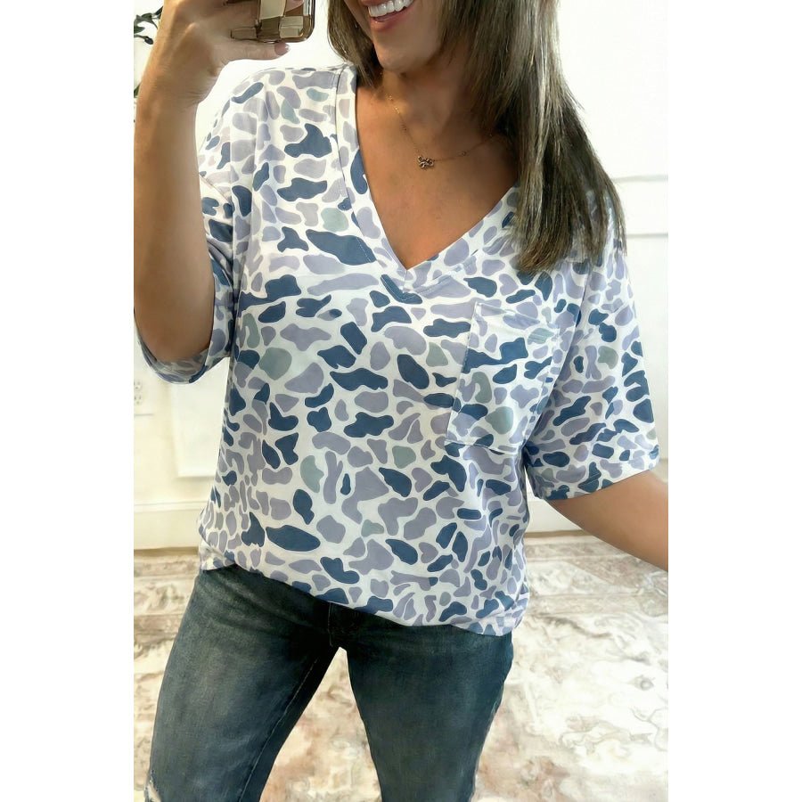 Gray Camouflage Print Single Chest Pocket V Neck Tee Gray / S / 95% Polyester + 5% Elastane Tops/Tops & Tees