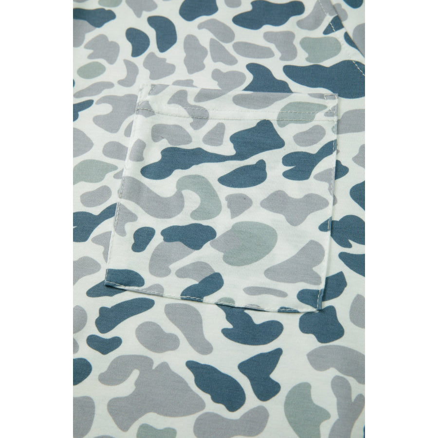 Gray Camouflage Print Single Chest Pocket V Neck Tee Tops/Tops & Tees