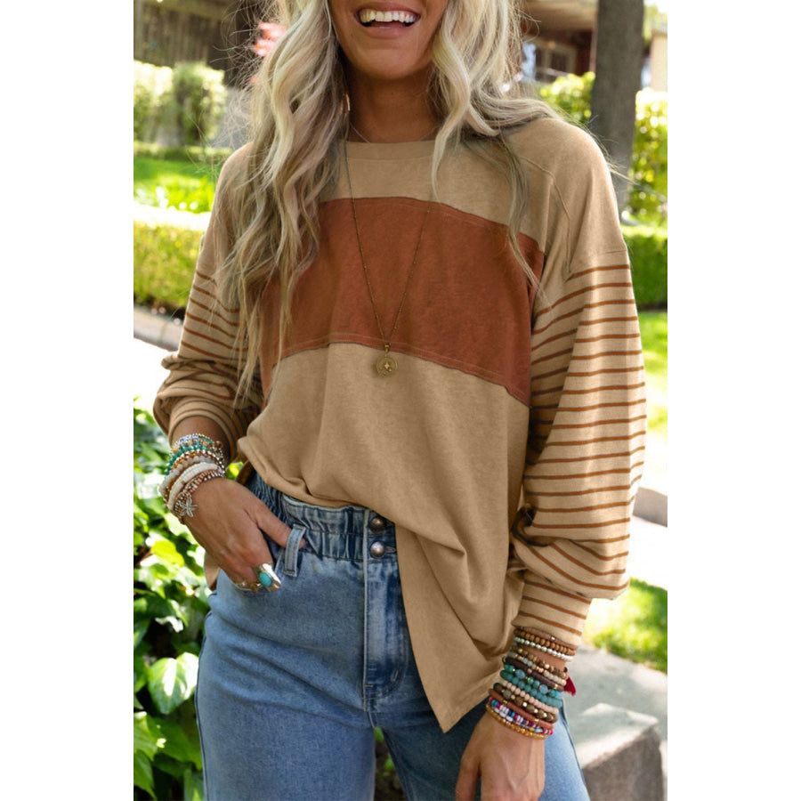 Gray Colorblock Striped Bishop Sleeve Top Flaxen / S / 60% Polyester + 35% Viscose + 5% Elastane Sale (50% OFF)/Sale OFF)