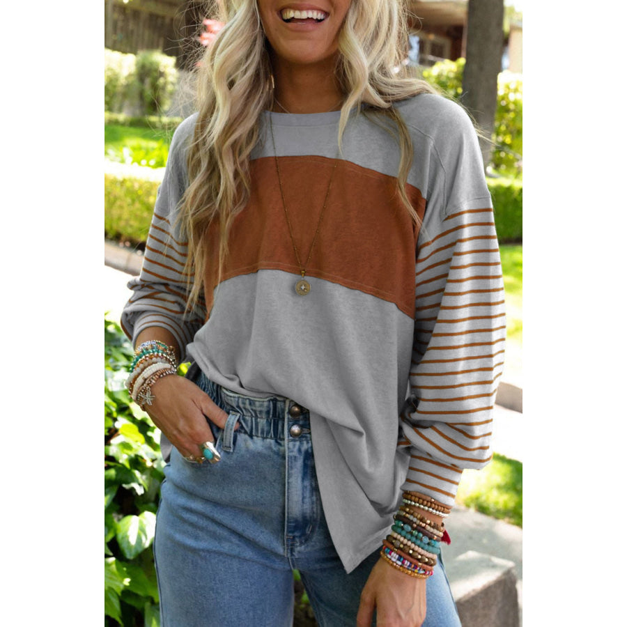Gray Colorblock Striped Bishop Sleeve Top / S / 60% Polyester + 35% Viscose + 5% Elastane Sale (50% OFF)/Sale OFF)