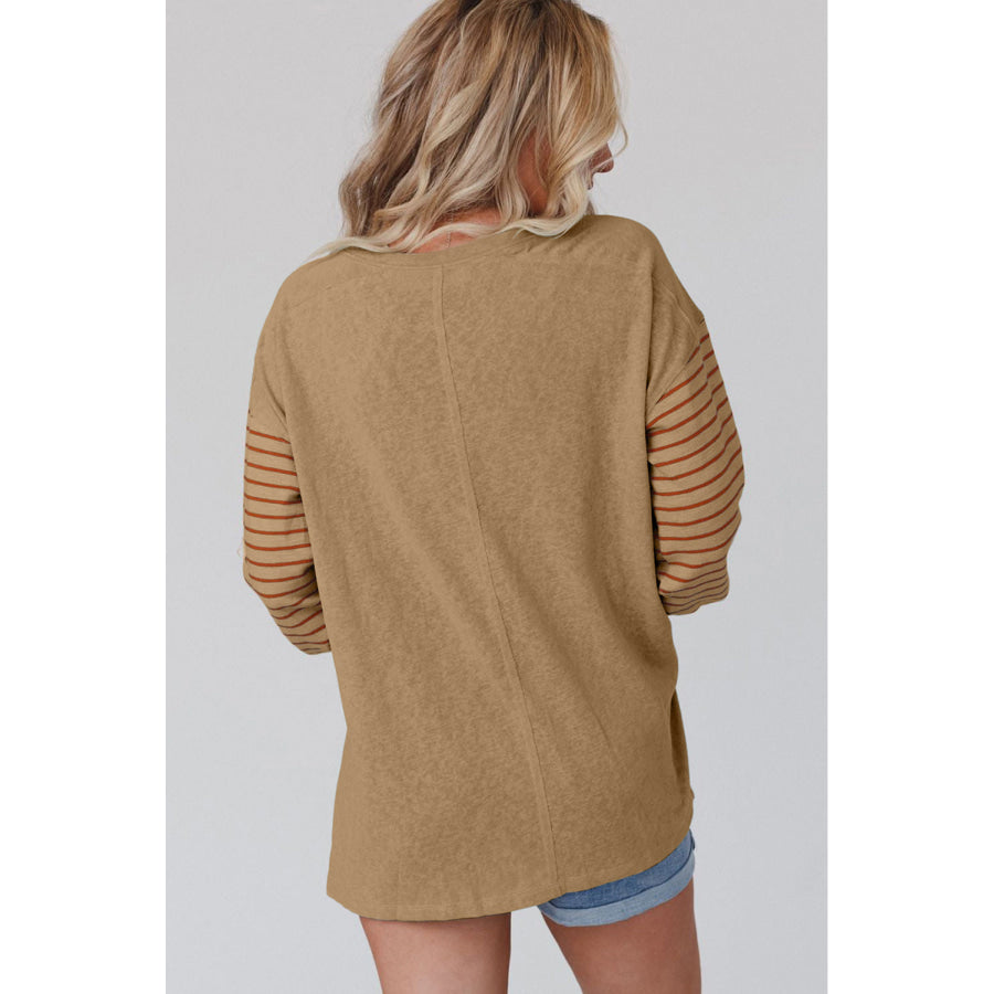 Gray Colorblock Striped Bishop Sleeve Top Sale (50% OFF)/Sale OFF)