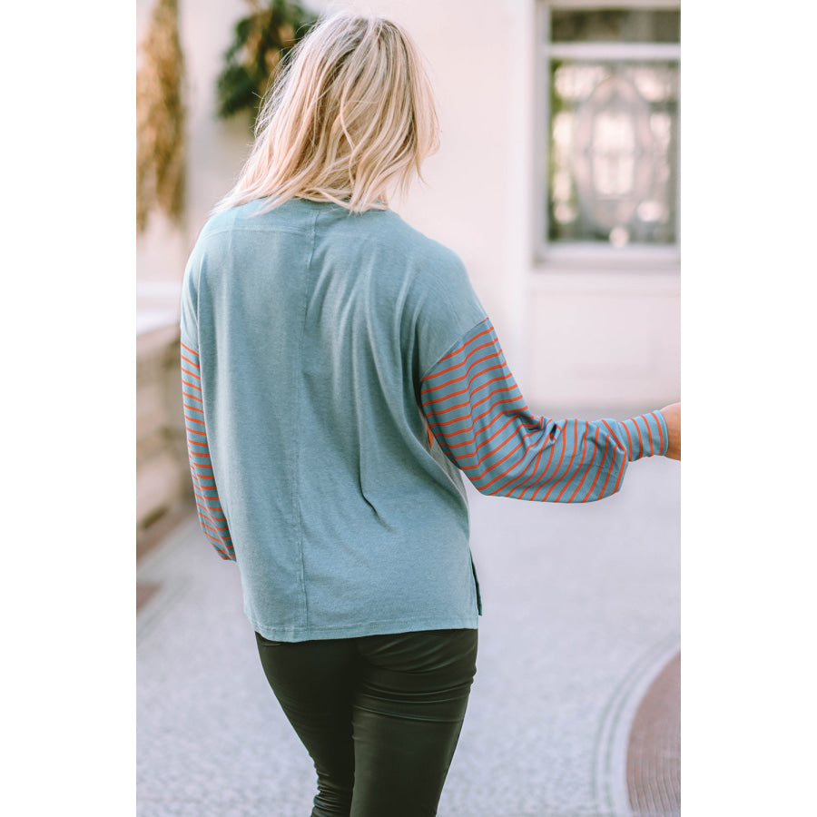 Gray Colorblock Striped Bishop Sleeve Top Sale (50% OFF)/Sale OFF)