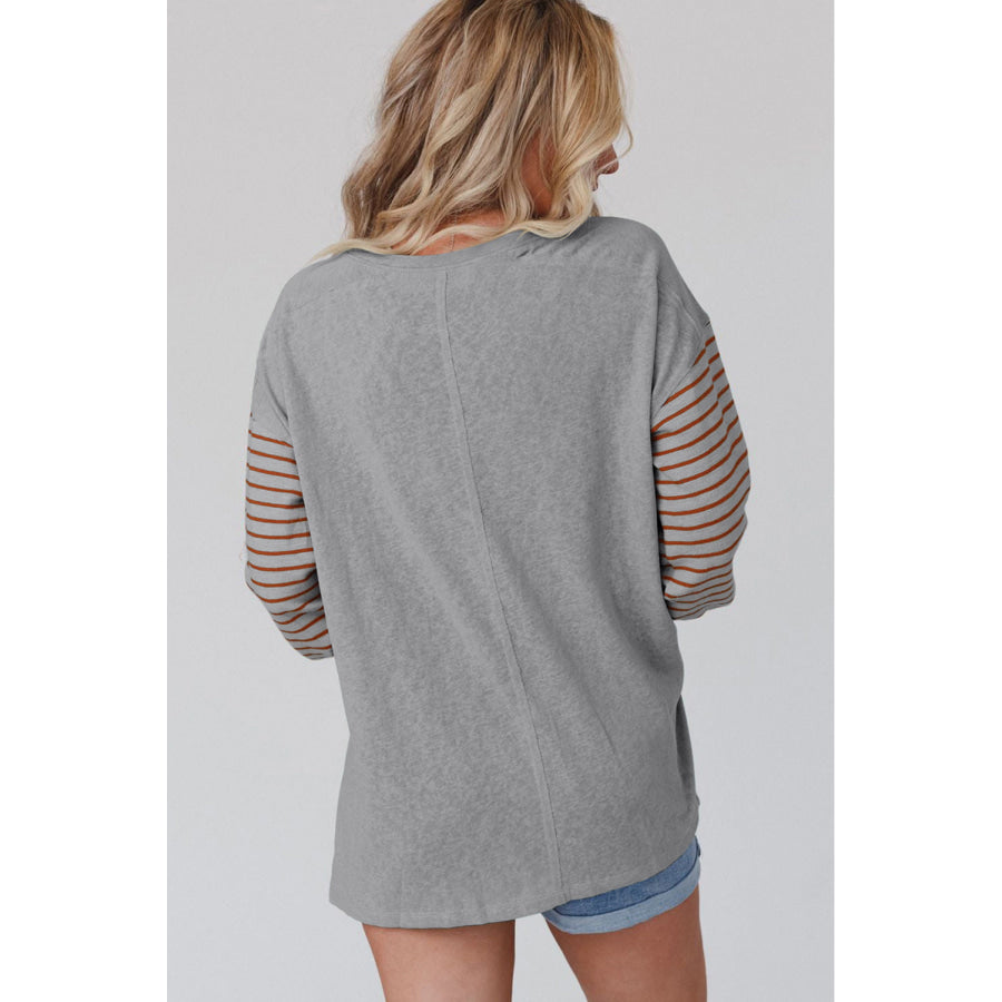 Gray Colorblock Striped Bishop Sleeve Top Sale (50% OFF)/Sale OFF)