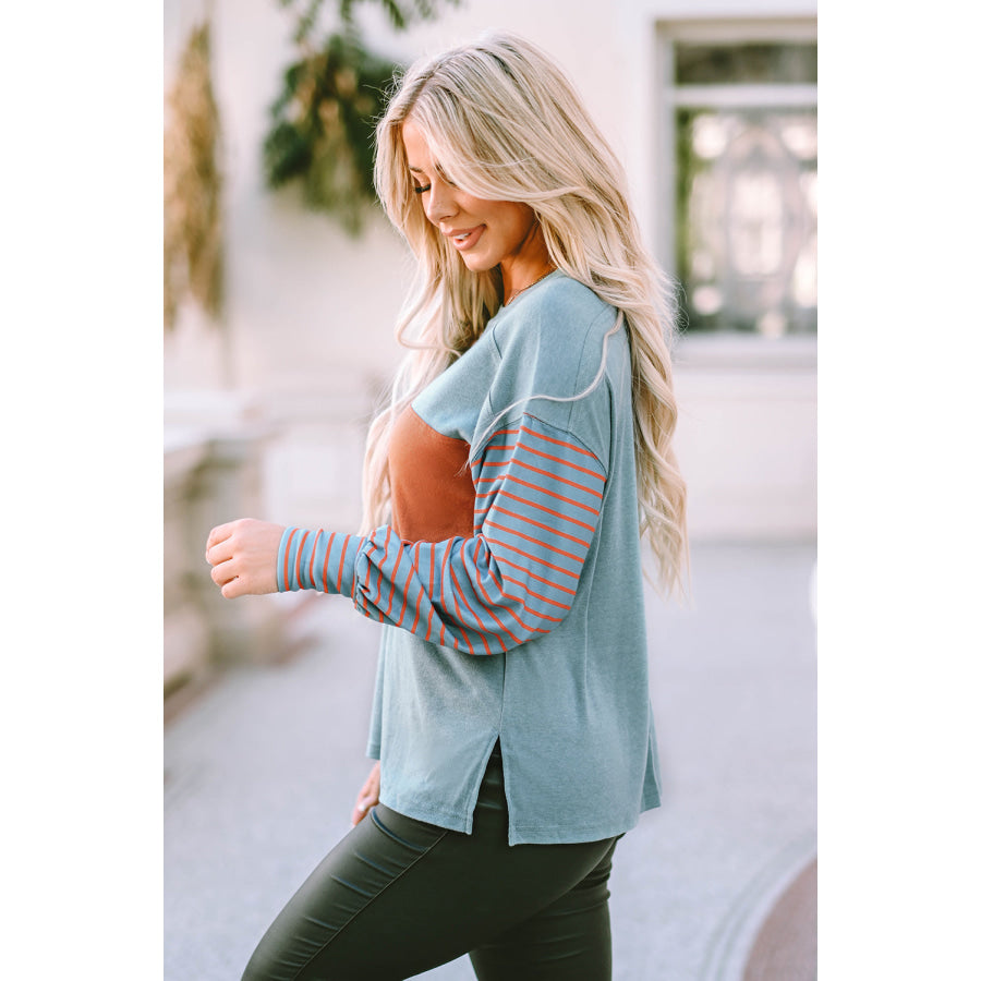 Gray Colorblock Striped Bishop Sleeve Top Sale (50% OFF)/Sale OFF)