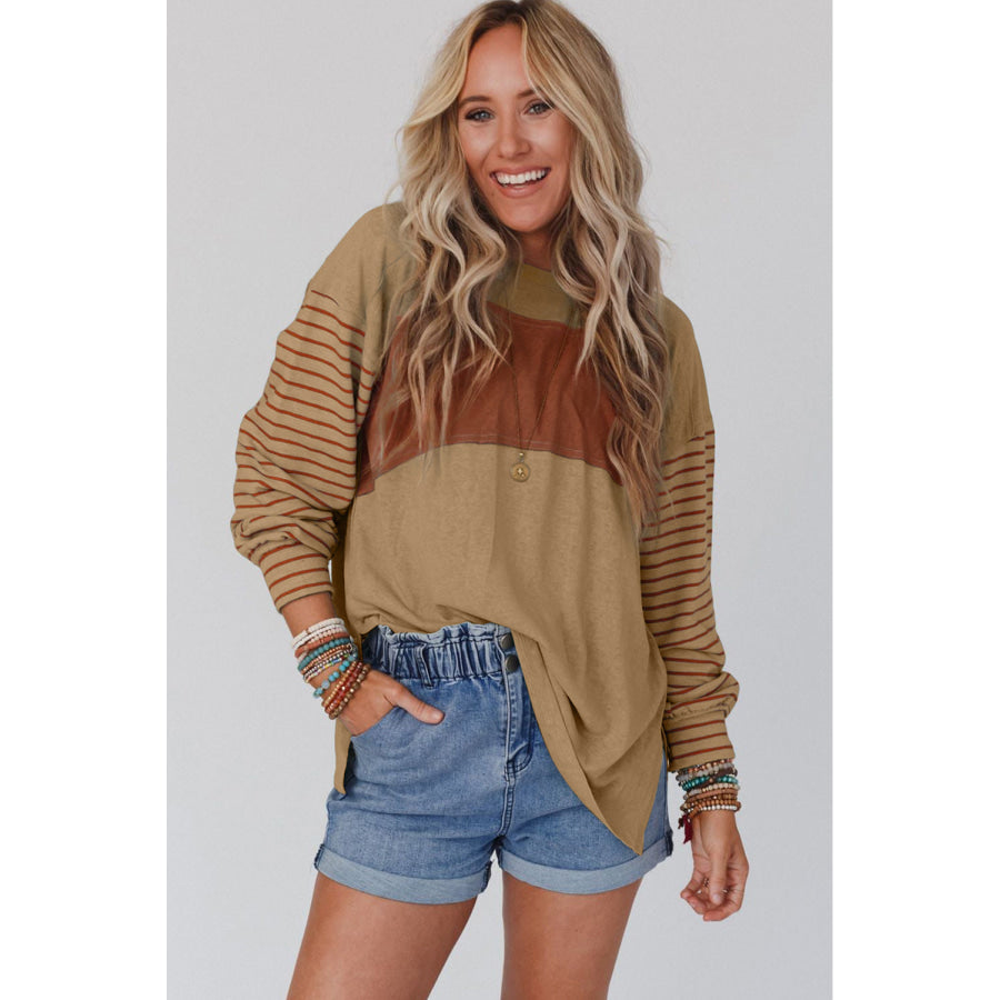 Gray Colorblock Striped Bishop Sleeve Top Sale (50% OFF)/Sale OFF)