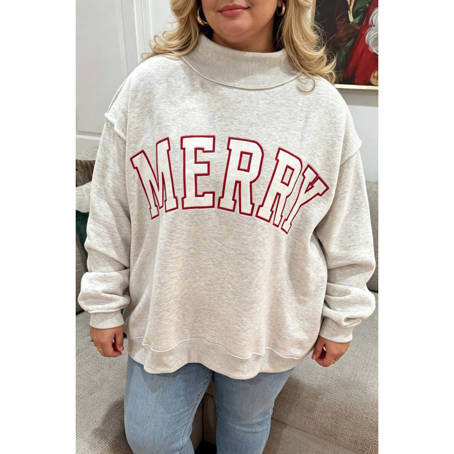 Gray Embroidered Merry Letter Print Mock Neck Plus Size Sweatshirt / 1X / 50% Polyester + 50% Cotton Size/Plus Sweatshirts & Hoodies