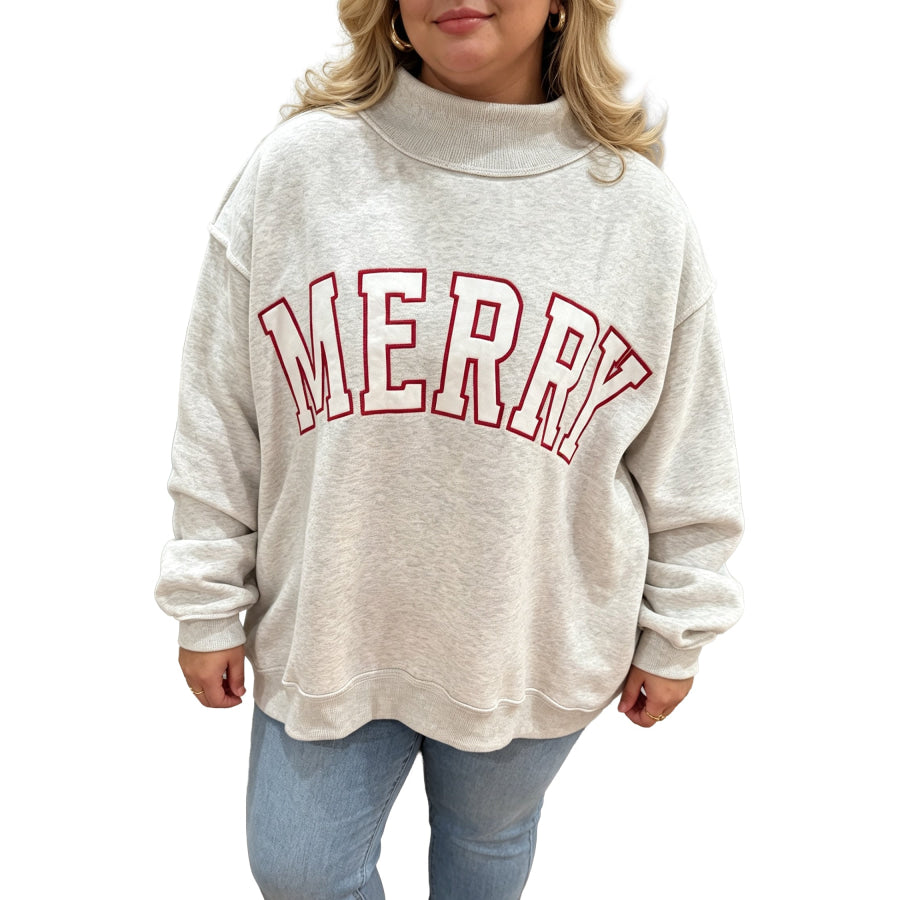 Gray Embroidered Merry Letter Print Mock Neck Plus Size Sweatshirt Size/Plus Sweatshirts & Hoodies