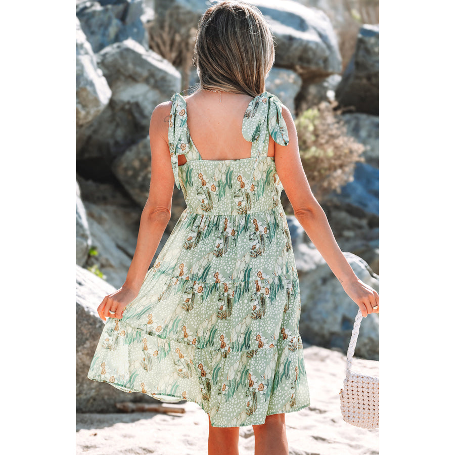 Gray Floral Knotted Strap Smocked Tiered Ruffle Mini Dress Dresses/Floral Dresses