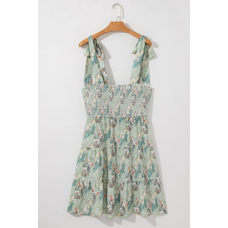 Gray Floral Knotted Strap Smocked Tiered Ruffle Mini Dress Dresses/Floral Dresses