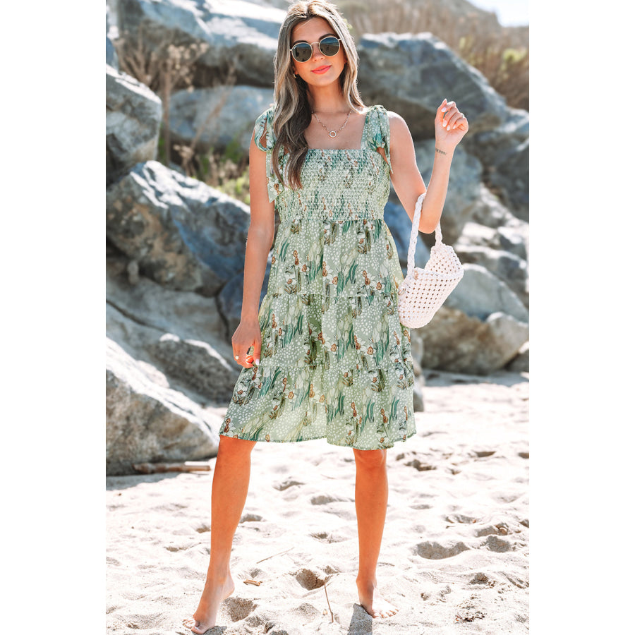 Gray Floral Knotted Strap Smocked Tiered Ruffle Mini Dress Dresses/Floral Dresses