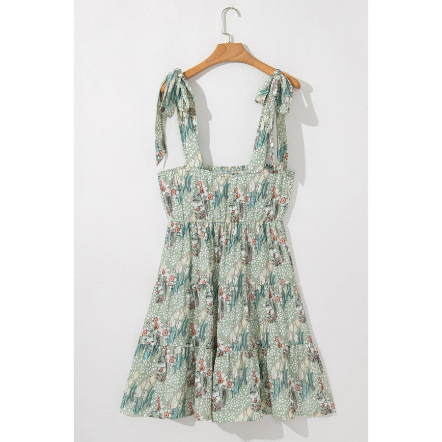 Gray Floral Knotted Strap Smocked Tiered Ruffle Mini Dress Dresses/Floral Dresses