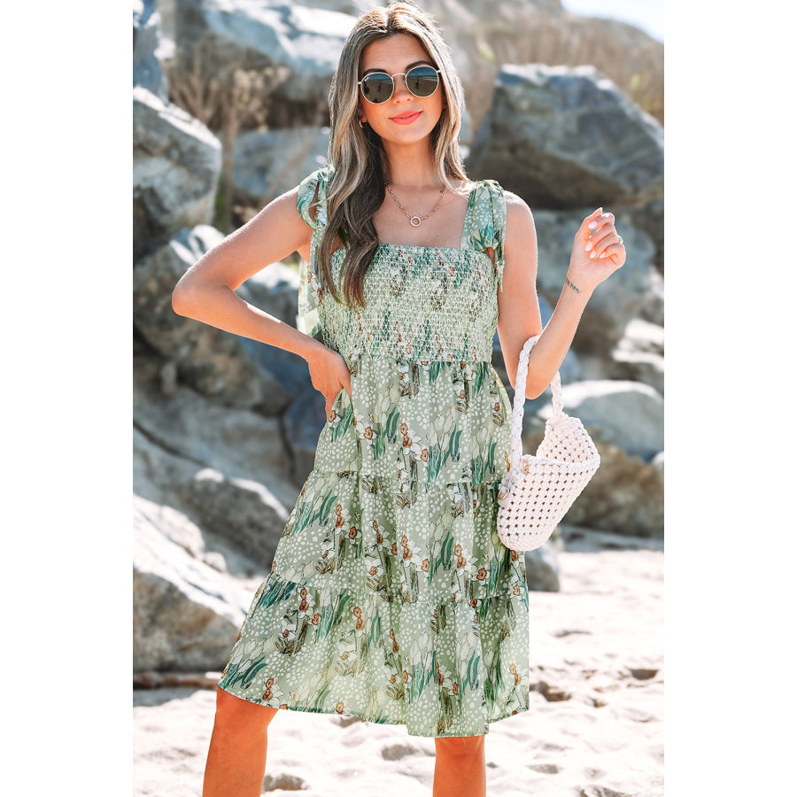 Gray Floral Knotted Strap Smocked Tiered Ruffle Mini Dress Gray / S / 100% Polyester Dresses/Floral Dresses