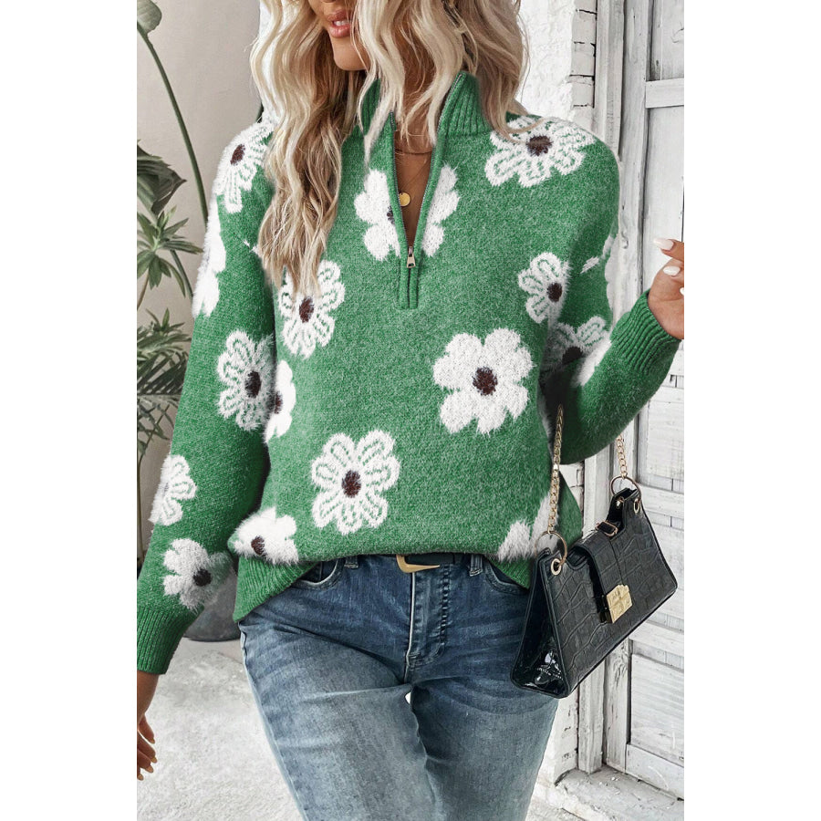 Gray Floral Pattern Half Zip Drop Shoulder Sweater Green / S / 42% Acrylic + 30% Polyester + 28% Polyamide Sweaters &amp; Cardigans/Sweaters