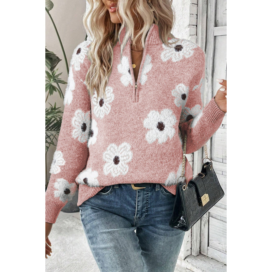 Gray Floral Pattern Half Zip Drop Shoulder Sweater Pink / S / 42% Acrylic + 30% Polyester + 28% Polyamide Sweaters &amp; Cardigans/Sweaters