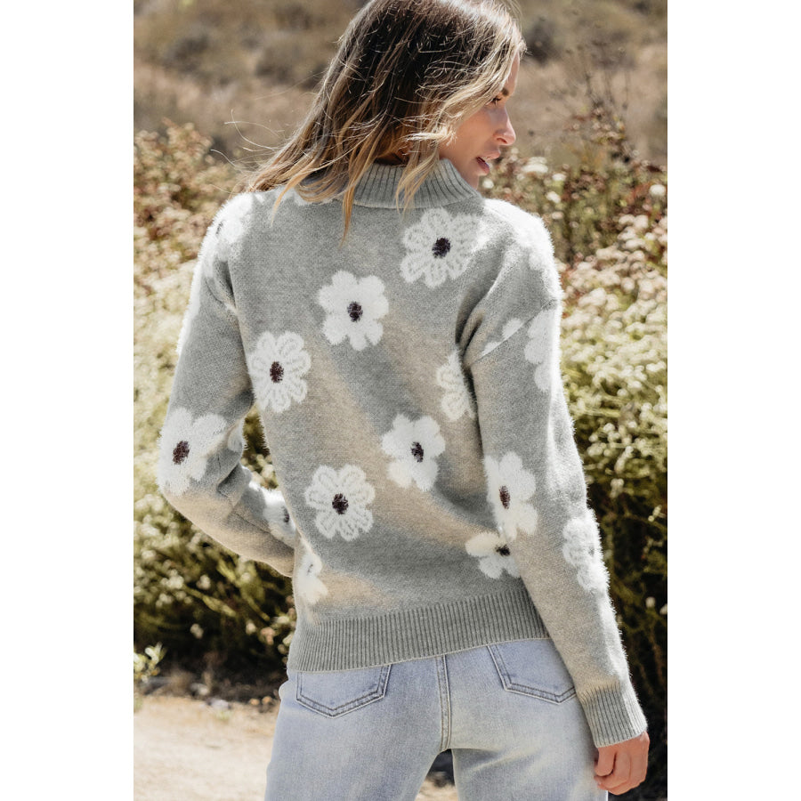 Gray Floral Pattern Half Zip Drop Shoulder Sweater Gray / S / 42% Acrylic + 30% Polyester + 28% Polyamide Sweaters & Cardigans/Sweaters