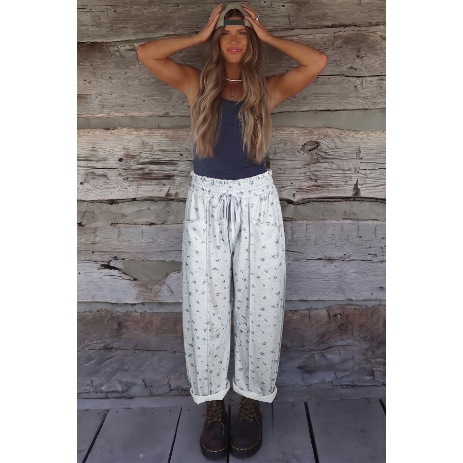 Gray Floral Print Elastic Waist Regular Fit Pants Bottoms/Pants & Culotte