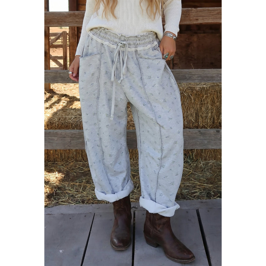 Gray Floral Print Elastic Waist Regular Fit Pants Bottoms/Pants & Culotte