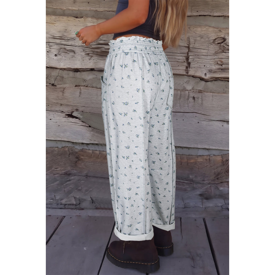 Gray Floral Print Elastic Waist Regular Fit Pants Gray / S / 100% Polyester Bottoms/Pants & Culotte