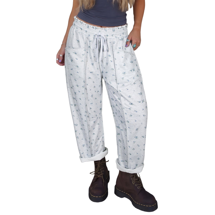 Gray Floral Print Elastic Waist Regular Fit Pants Bottoms/Pants & Culotte