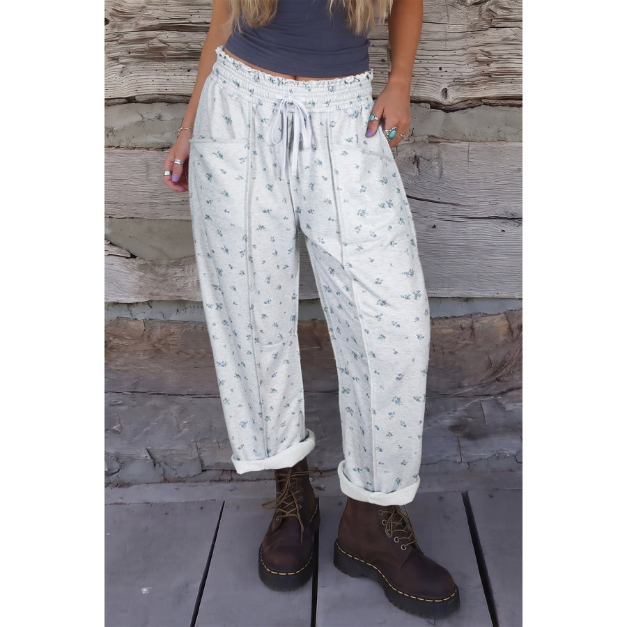 Gray Floral Print Elastic Waist Regular Fit Pants Gray / S / 100% Polyester Bottoms/Pants & Culotte