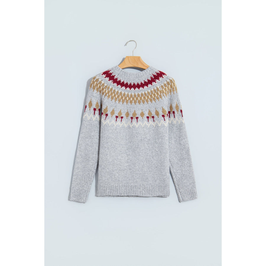 Gray Geometric Detail Round Neck Winter Sweater Sweaters & Cardigans/Sweaters