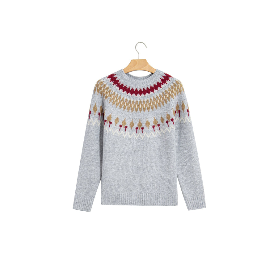 Gray Geometric Detail Round Neck Winter Sweater Sweaters & Cardigans/Sweaters