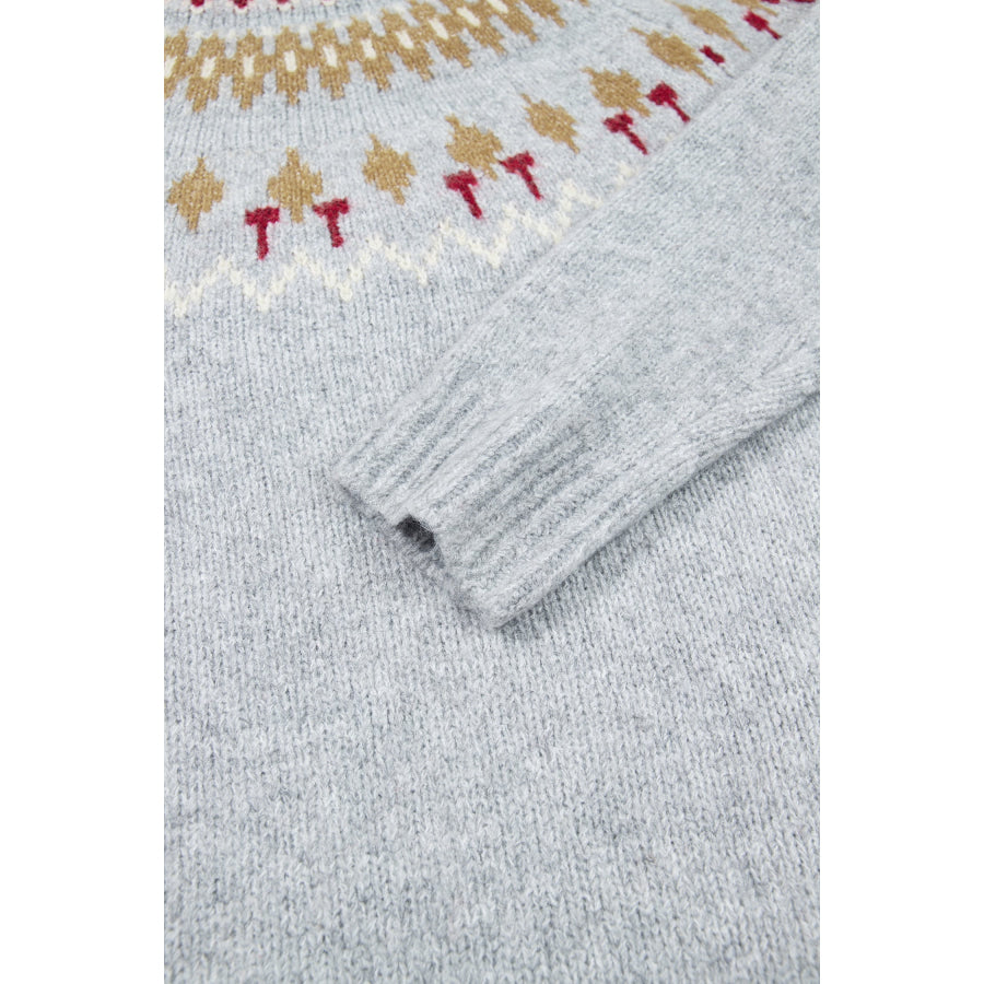 Gray Geometric Detail Round Neck Winter Sweater Sweaters & Cardigans/Sweaters