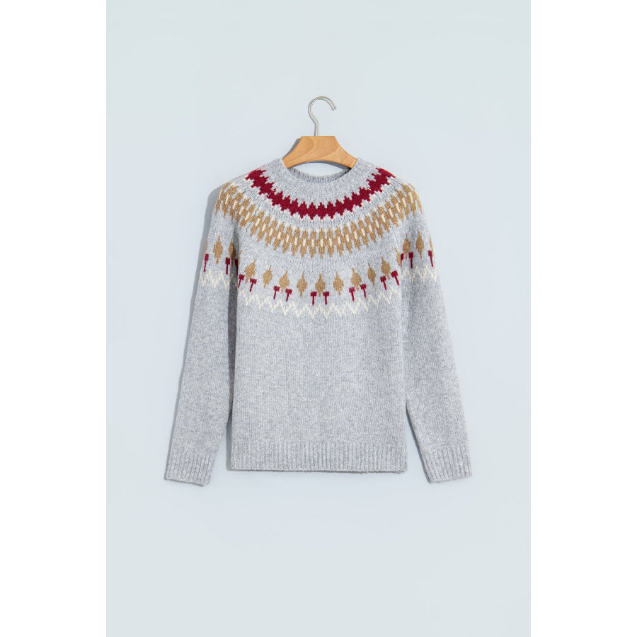 Gray Geometric Detail Round Neck Winter Sweater Sweaters & Cardigans/Sweaters
