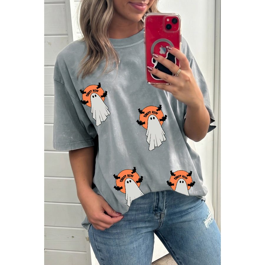Gray Halloween Ghost Print Short Sleeve Loose Fit T Shirt Orange / S Tops/Tops & Tees