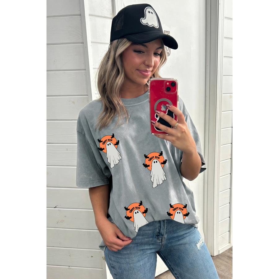 Gray Halloween Ghost Print Short Sleeve Loose Fit T Shirt Tops/Tops & Tees