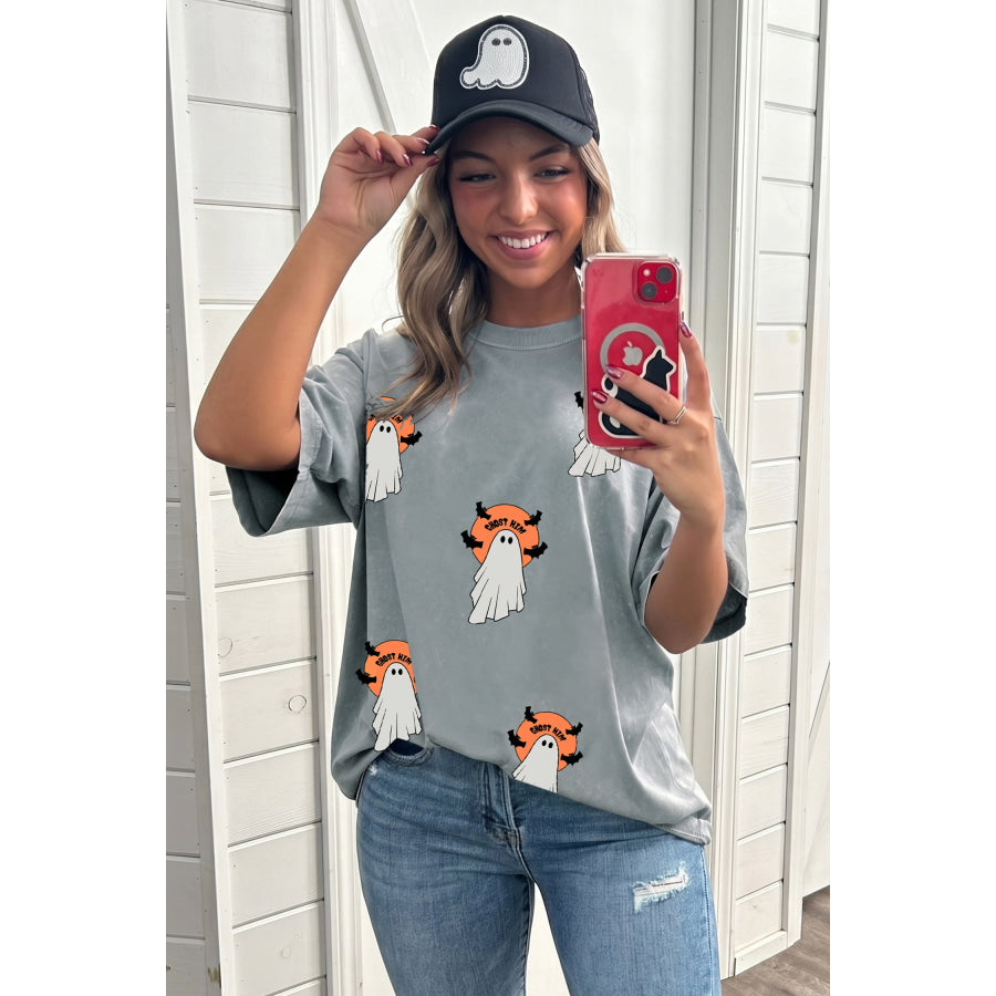 Gray Halloween Ghost Print Short Sleeve Loose Fit T Shirt Tops/Tops & Tees
