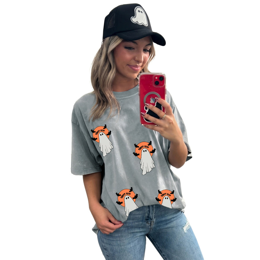 Gray Halloween Ghost Print Short Sleeve Loose Fit T Shirt Tops/Tops & Tees