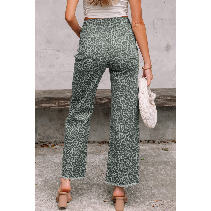 Gray Leopard Frayed Edge Wide Leg High Waist Jeans Bottoms/Jeans