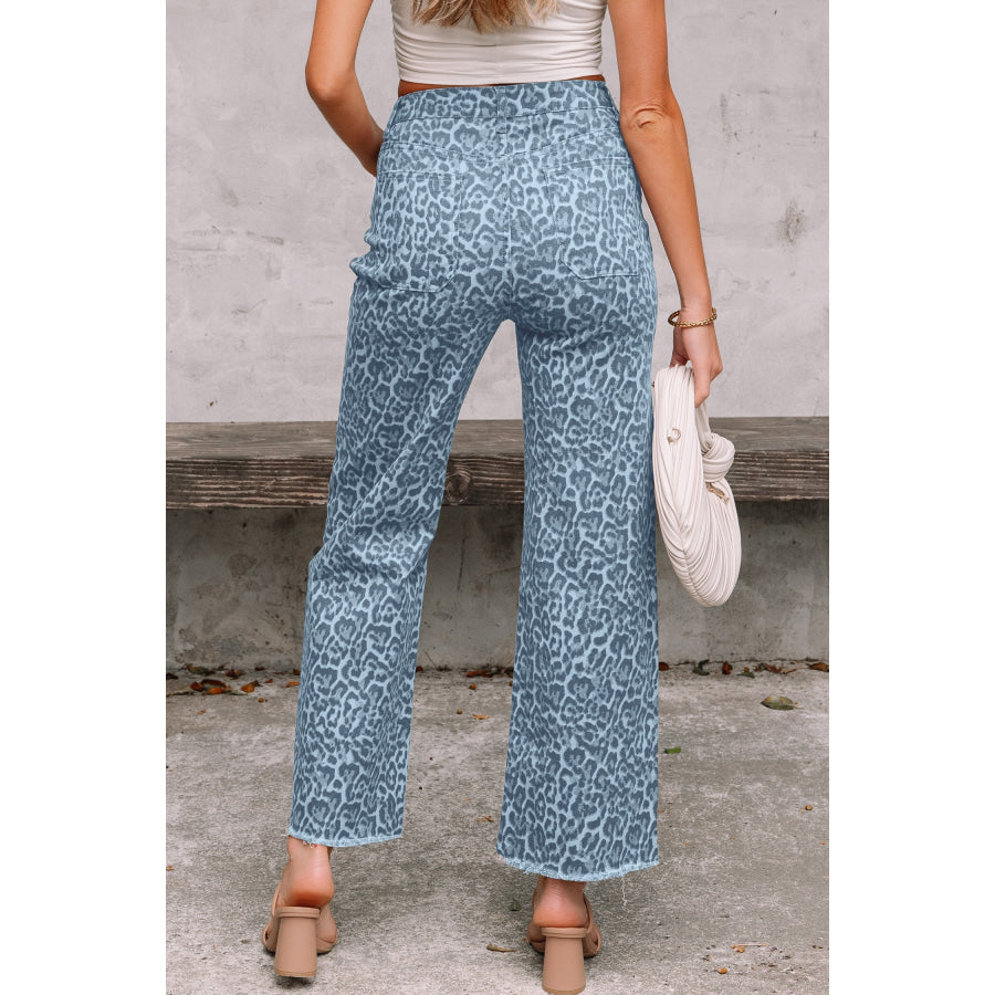 Gray Leopard Frayed Edge Wide Leg High Waist Jeans Bottoms/Jeans