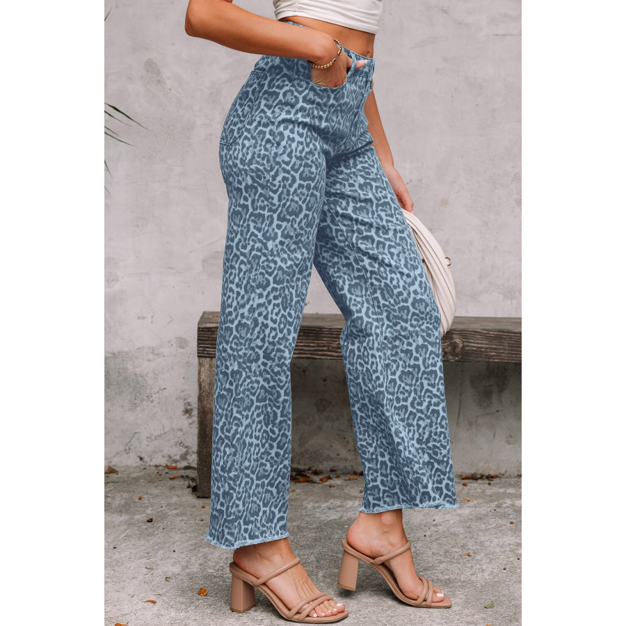 Gray Leopard Frayed Edge Wide Leg High Waist Jeans Bottoms/Jeans