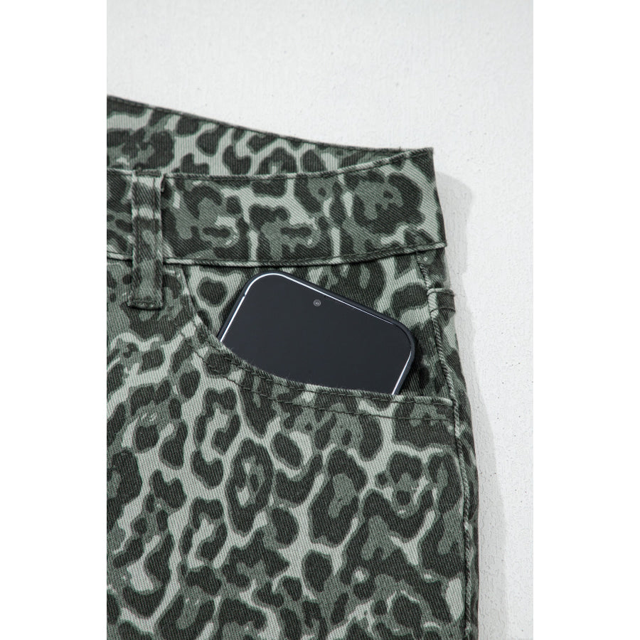Gray Leopard Frayed Edge Wide Leg High Waist Jeans Bottoms/Jeans