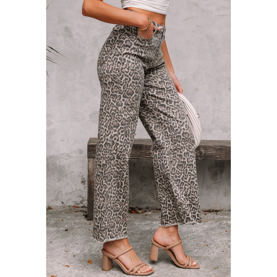 Gray Leopard Frayed Edge Wide Leg High Waist Jeans Bottoms/Jeans