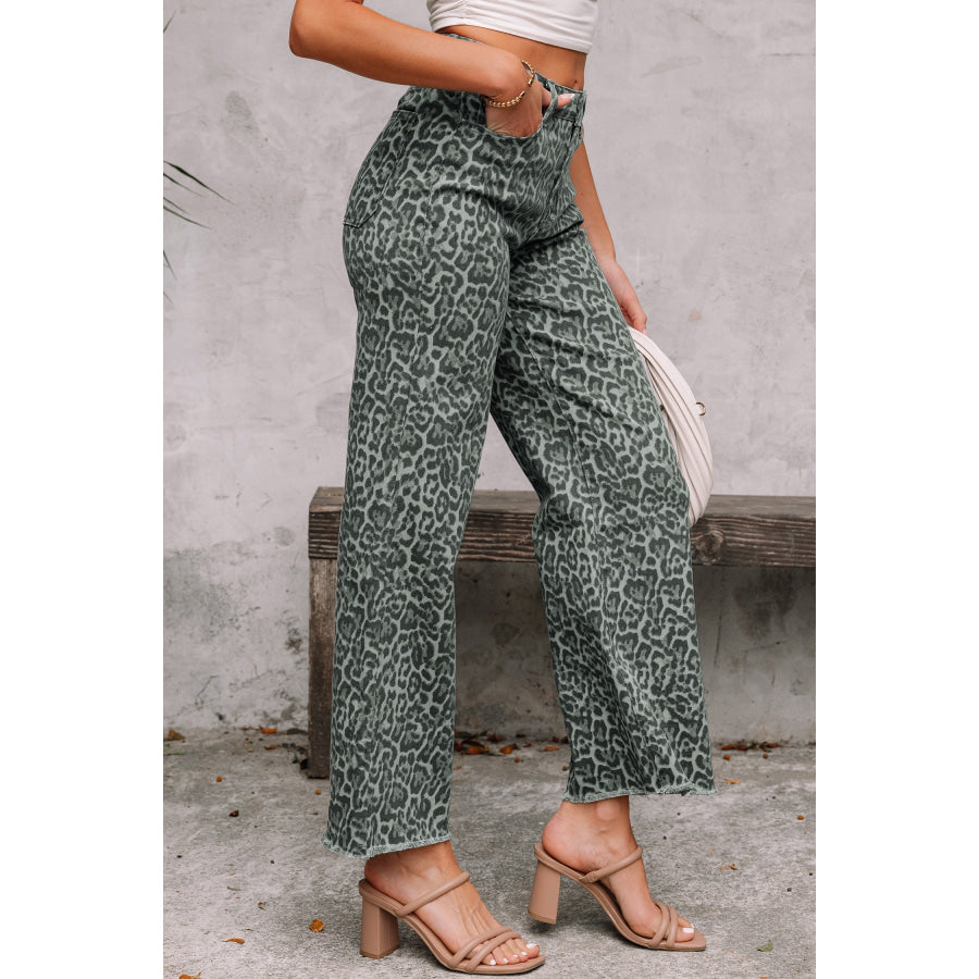 Gray Leopard Frayed Edge Wide Leg High Waist Jeans Bottoms/Jeans