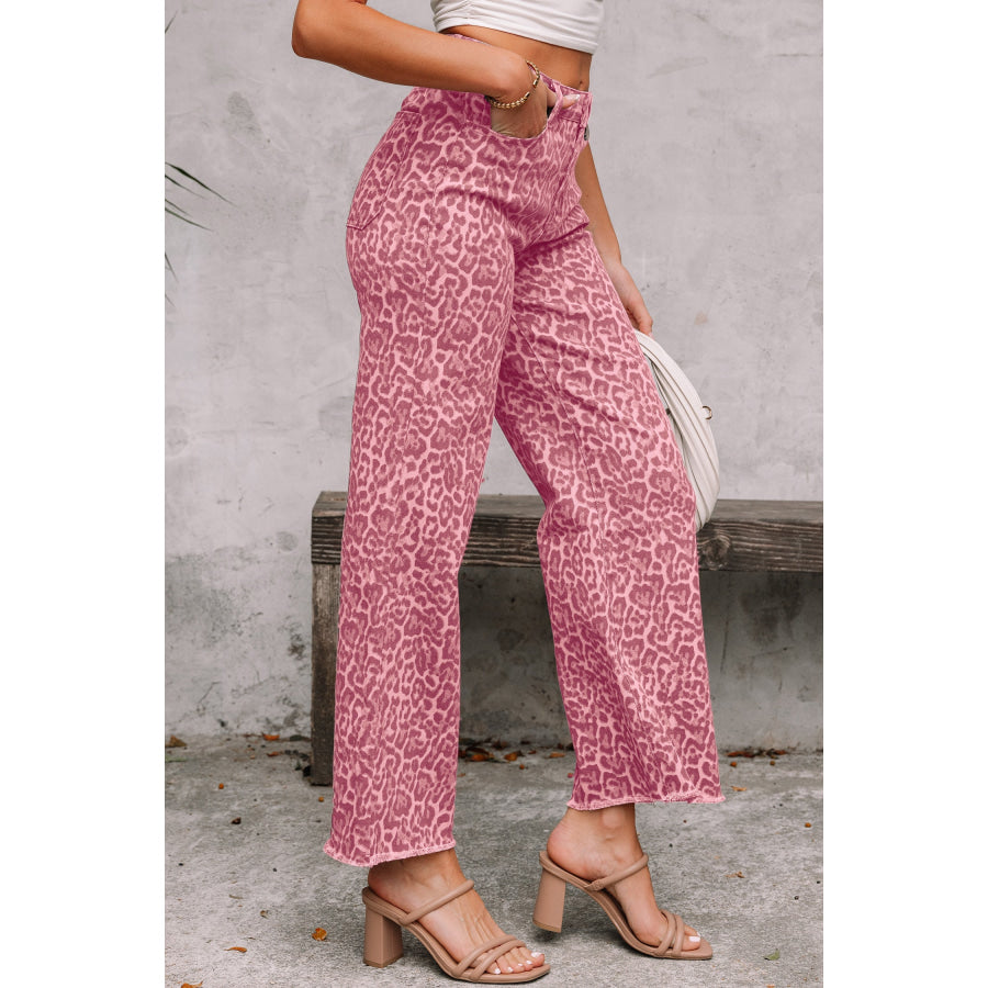 Gray Leopard Frayed Edge Wide Leg High Waist Jeans Bottoms/Jeans