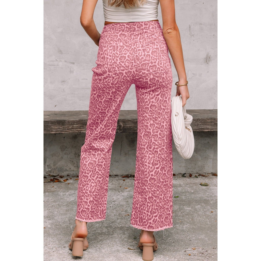Gray Leopard Frayed Edge Wide Leg High Waist Jeans Bottoms/Jeans