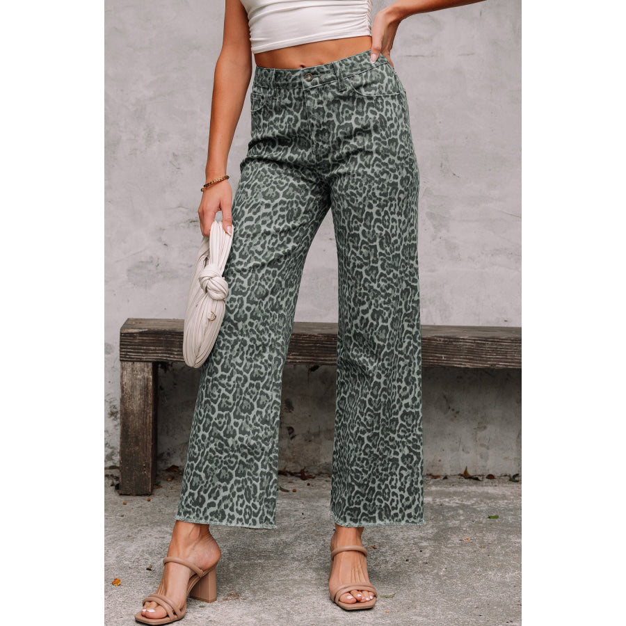 Gray Leopard Frayed Edge Wide Leg High Waist Jeans Bottoms/Jeans